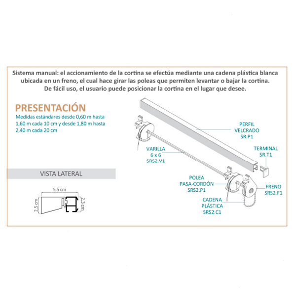 Cortina Romana Sistema A Cadena Plastica x 0,70 mts