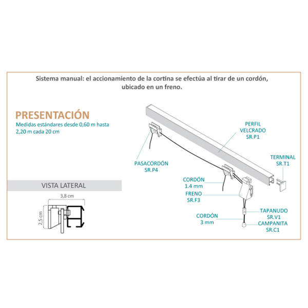 Mecanismo Para Cortinas Romanas Sistema A Cordon x 2 mts